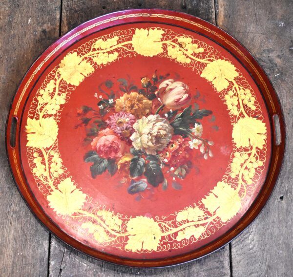 Red toleware tray painted with flowers - Image 2