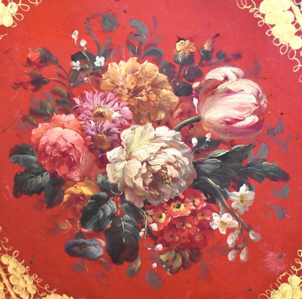 Red toleware tray painted with flowers - Image 4