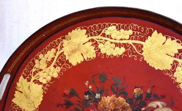 Red toleware tray painted with flowers - Image 3