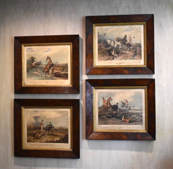 Set of four Regency hunting prints in burr yew frames