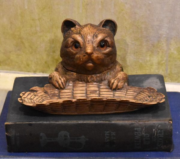 Black Forest carved wood inkwell in the form of a cat