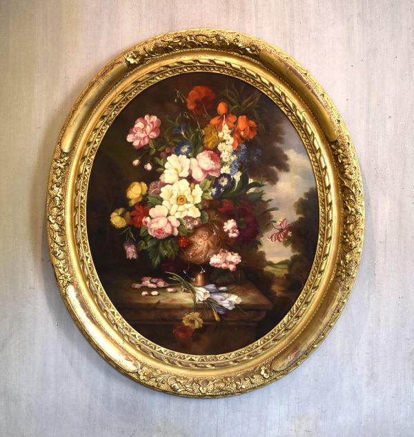 Large Victorian still life oil painting of a vase of flowers