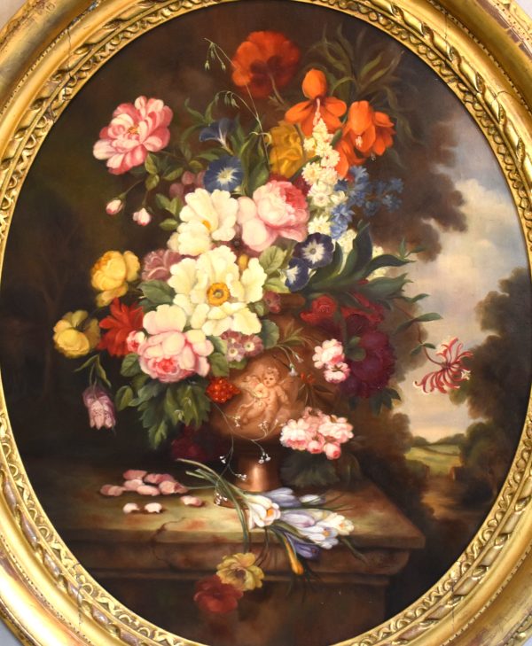 Large Victorian still life oil painting of a vase of flowers - Image 7