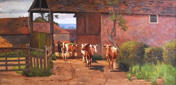 Large farmyard scene oil painting by Arthur Charles Dodd - Image 4