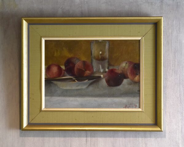 Still life oil painting of peaches