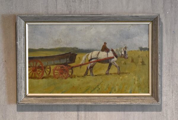 Small oil painting of a horse and cart