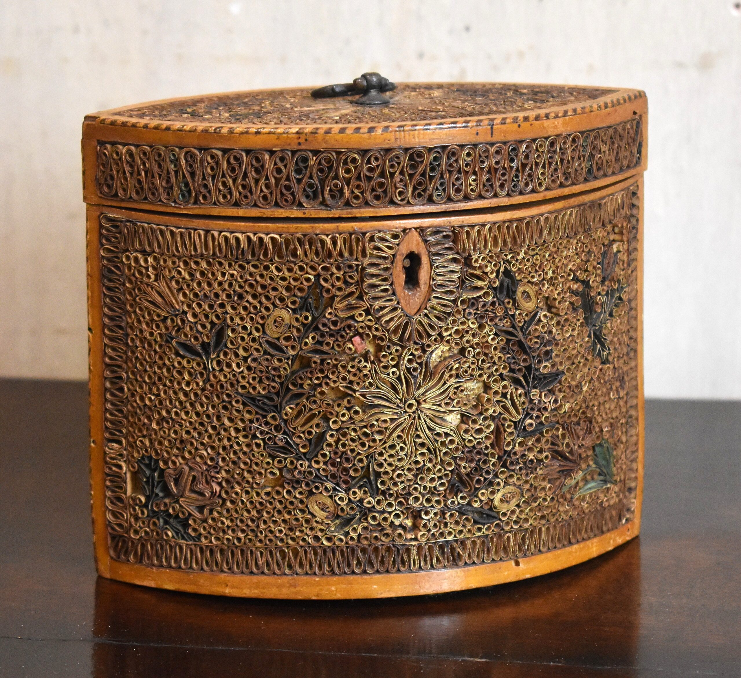 Georgian navette shaped paper scroll tea caddy